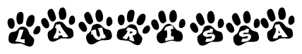 The image shows a series of animal paw prints arranged in a horizontal line. Each paw print contains a letter, and together they spell out the word Laurissa.