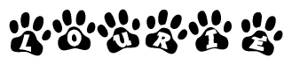 The image shows a row of animal paw prints, each containing a letter. The letters spell out the word Lourie within the paw prints.