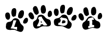 The image shows a series of animal paw prints arranged in a horizontal line. Each paw print contains a letter, and together they spell out the word Ladi.