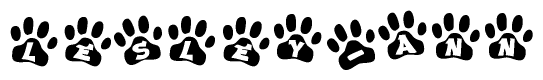The image shows a row of animal paw prints, each containing a letter. The letters spell out the word Lesley-ann within the paw prints.