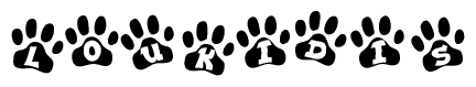 The image shows a row of animal paw prints, each containing a letter. The letters spell out the word Loukidis within the paw prints.