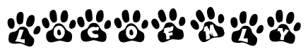 The image shows a series of animal paw prints arranged horizontally. Within each paw print, there's a letter; together they spell Locofmly