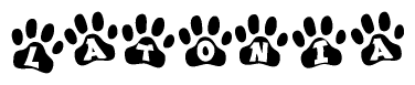 The image shows a series of animal paw prints arranged horizontally. Within each paw print, there's a letter; together they spell Latonia