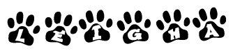 The image shows a series of animal paw prints arranged horizontally. Within each paw print, there's a letter; together they spell Leigha