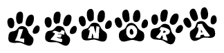 The image shows a series of animal paw prints arranged in a horizontal line. Each paw print contains a letter, and together they spell out the word Lenora.