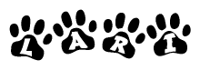 The image shows a series of animal paw prints arranged horizontally. Within each paw print, there's a letter; together they spell Lari