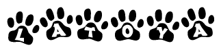 The image shows a series of animal paw prints arranged in a horizontal line. Each paw print contains a letter, and together they spell out the word Latoya.