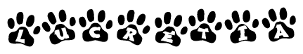 The image shows a row of animal paw prints, each containing a letter. The letters spell out the word Lucretia within the paw prints.