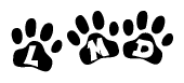 The image shows a series of animal paw prints arranged in a horizontal line. Each paw print contains a letter, and together they spell out the word Lmd.