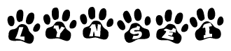 The image shows a row of animal paw prints, each containing a letter. The letters spell out the word Lynsei within the paw prints.