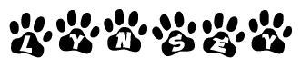 The image shows a row of animal paw prints, each containing a letter. The letters spell out the word Lynsey within the paw prints.