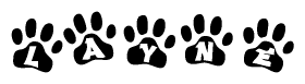 The image shows a series of animal paw prints arranged in a horizontal line. Each paw print contains a letter, and together they spell out the word Layne.