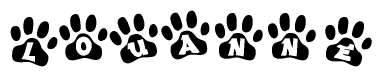 The image shows a series of animal paw prints arranged in a horizontal line. Each paw print contains a letter, and together they spell out the word Louanne.
