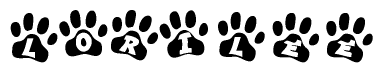 The image shows a row of animal paw prints, each containing a letter. The letters spell out the word Lorilee within the paw prints.