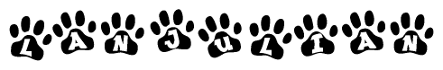 The image shows a series of animal paw prints arranged in a horizontal line. Each paw print contains a letter, and together they spell out the word Lanjulian.