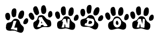 The image shows a row of animal paw prints, each containing a letter. The letters spell out the word Landon within the paw prints.
