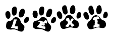 The image shows a row of animal paw prints, each containing a letter. The letters spell out the word Lexi within the paw prints.