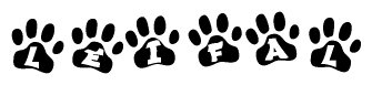 The image shows a series of animal paw prints arranged horizontally. Within each paw print, there's a letter; together they spell Leifal