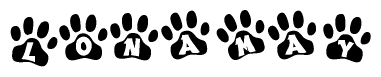 The image shows a row of animal paw prints, each containing a letter. The letters spell out the word Lonamay within the paw prints.