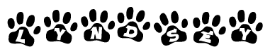 The image shows a row of animal paw prints, each containing a letter. The letters spell out the word Lyndsey within the paw prints.