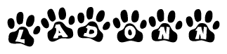 The image shows a series of animal paw prints arranged horizontally. Within each paw print, there's a letter; together they spell Ladonn