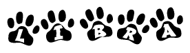 The image shows a row of animal paw prints, each containing a letter. The letters spell out the word Libra within the paw prints.