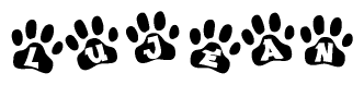 The image shows a series of animal paw prints arranged horizontally. Within each paw print, there's a letter; together they spell Lujean