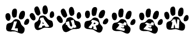 The image shows a series of animal paw prints arranged horizontally. Within each paw print, there's a letter; together they spell Laureen