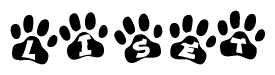 The image shows a series of animal paw prints arranged in a horizontal line. Each paw print contains a letter, and together they spell out the word Liset.