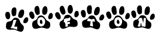 The image shows a series of animal paw prints arranged in a horizontal line. Each paw print contains a letter, and together they spell out the word Lofton.