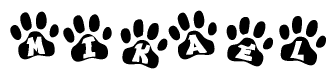 The image shows a series of animal paw prints arranged horizontally. Within each paw print, there's a letter; together they spell Mikael