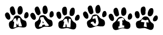 The image shows a row of animal paw prints, each containing a letter. The letters spell out the word Manjit within the paw prints.