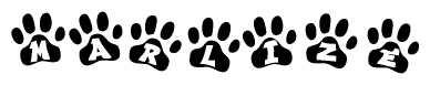 The image shows a series of animal paw prints arranged in a horizontal line. Each paw print contains a letter, and together they spell out the word Marlize.