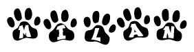 The image shows a series of animal paw prints arranged in a horizontal line. Each paw print contains a letter, and together they spell out the word Milan.