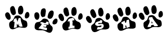 The image shows a series of animal paw prints arranged in a horizontal line. Each paw print contains a letter, and together they spell out the word Meisha.