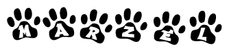The image shows a series of animal paw prints arranged horizontally. Within each paw print, there's a letter; together they spell Marzel