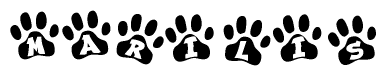 The image shows a series of animal paw prints arranged in a horizontal line. Each paw print contains a letter, and together they spell out the word Marilis.