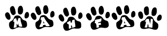 The image shows a row of animal paw prints, each containing a letter. The letters spell out the word Mahfan within the paw prints.