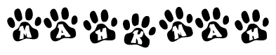 The image shows a row of animal paw prints, each containing a letter. The letters spell out the word Mahkmah within the paw prints.