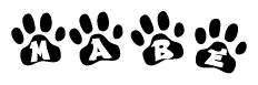 The image shows a series of animal paw prints arranged in a horizontal line. Each paw print contains a letter, and together they spell out the word Mabe.