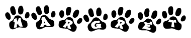 The image shows a row of animal paw prints, each containing a letter. The letters spell out the word Margret within the paw prints.