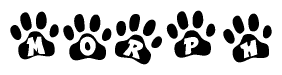 The image shows a series of animal paw prints arranged horizontally. Within each paw print, there's a letter; together they spell Morph