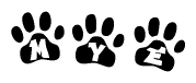The image shows a series of animal paw prints arranged in a horizontal line. Each paw print contains a letter, and together they spell out the word Mye.