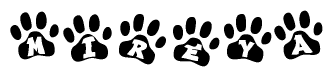 The image shows a row of animal paw prints, each containing a letter. The letters spell out the word Mireya within the paw prints.