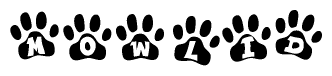 The image shows a row of animal paw prints, each containing a letter. The letters spell out the word Mowlid within the paw prints.