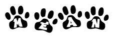 The image shows a row of animal paw prints, each containing a letter. The letters spell out the word Mean within the paw prints.