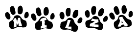 The image shows a series of animal paw prints arranged in a horizontal line. Each paw print contains a letter, and together they spell out the word Milza.