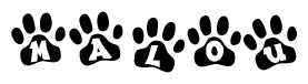 The image shows a row of animal paw prints, each containing a letter. The letters spell out the word Malou within the paw prints.