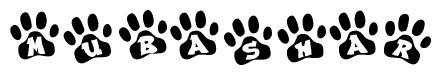 The image shows a row of animal paw prints, each containing a letter. The letters spell out the word Mubashar within the paw prints.