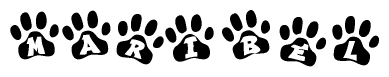 The image shows a row of animal paw prints, each containing a letter. The letters spell out the word Maribel within the paw prints.